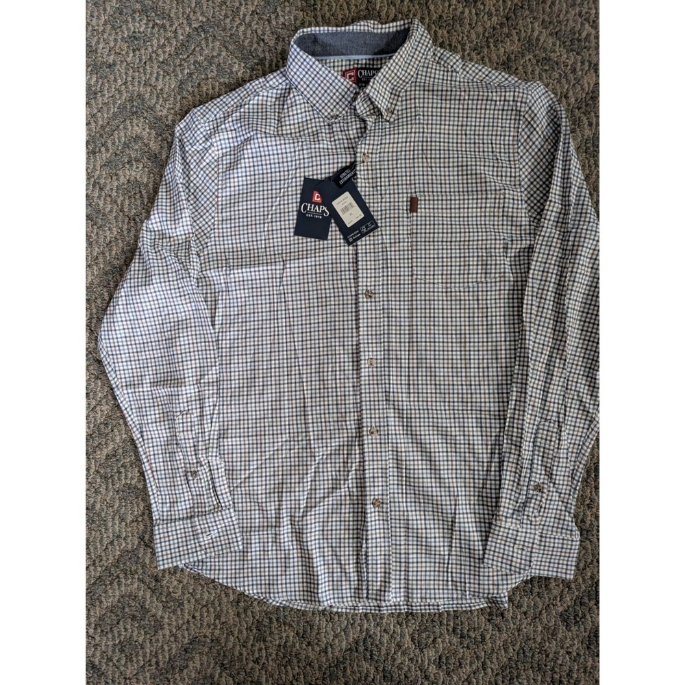 Chaps Mens XL Go Untucked Seacoast Wash Plaid Stretch Button Down Shirt White